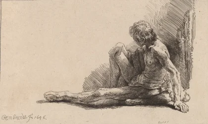 Nackter Mann, der auf dem Boden sitzt mit einem ausgestreckten Bein, 1646