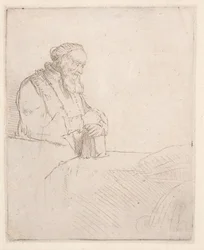 Alter Mann in Meditation, auf ein Buch gelehnt