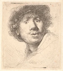 Rembrandt mit Mütze, mit offenem Mund und starrend: Büste in Umrissen