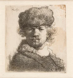 Rembrandt in einer schweren Pelzmütze: Vollgesicht: Büste
