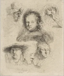 Rembrandts Frau und fünf andere Köpfe, 1636