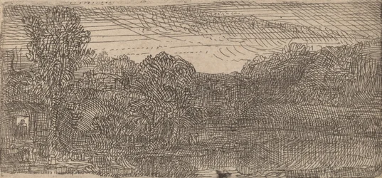 Kleine graue Landschaft: ein Haus und Bäume neben einem Teich, ca. 1640
