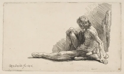 Studie vom Akt: Mann sitzt auf dem Boden, ein Bein ausgestreckt, 1646
