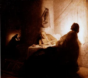 Das Mahl in Emmaus. Christus erscheint den Pilgern, die an einem Tisch in einem Gasthaus in Emmaus sitzen. 1628-1629. Maße: 21,5 x 16,5 cm. Paris, Musée Jacquemart-André