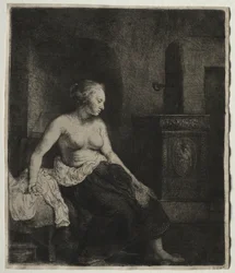Frau sitzt halb angezogen neben einem Ofen, 1658