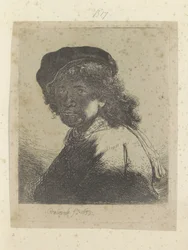 Zelfportret met baret en halsdoek, het gezicht in de schaduw