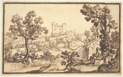 Landschaft mit einem ruhenden Mann, Bauernhäusern und einer Burg
