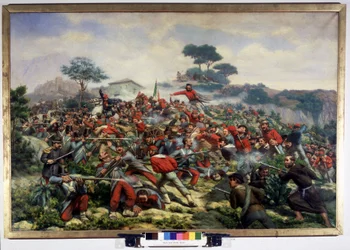 Risorgimento: die Schlacht von Calatafimi in Sizilien, die den Truppen von Giuseppe Garibaldi (1807-1882), den Tausend, gegenüber der Armee des Königreichs der beiden Sizilien am 15.05.1860 gegenübersteht. Gemälde von Remigio Legat. Museo del Risorgimento.
