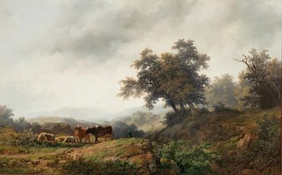 Offene Landschaft mit Kühen und Hirte