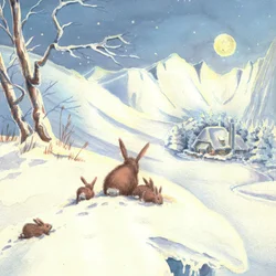 Kaninchenfamilie in einer verschneiten Nacht