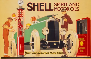 Plakat, das Shell Spirit und Motoröle bewirbt