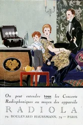 Radio Radio Radio Werbepostkarte (TSF): „Alle Radiokonzerte können mit Radiola-Geräten gehört werden“. sd. circa 1919. Illustration von René Vincent, alias René Mael (1879-1936)