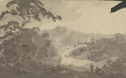 Zwei Männer blicken in eine Landschaft mit Schloss, Fluss und Bergszene