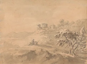 Zwei Männer in einer Landschaft und eine Burg auf einem Hügel