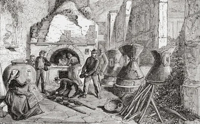 Bäckerofen, Brot- und Mehlmühlen, entdeckt bei den Ausgrabungen in Pompeji, Neapel, Italien im späten 19. Jahrhundert. Aus 