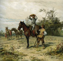 Don Quijote reitet auf Rossinante, trägt seinen Helm, Sancho Panza trägt seine Lanze