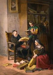 Der Priester Pero Perez und der Barbier Nicolas inspizieren die Bücher in Don Quijotes Bibliothek