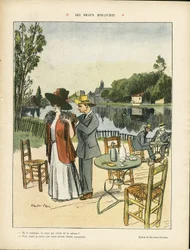 Illustration von Ricardo Flores (1878-1918) in Le Rire, 04.07.08 - Schöne Sonntage - Freizeit, Natur Vegetation, Architektur Urbanismus, Restaurant Cafés, Maritim Marine Küste