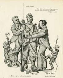 Illustration von Ricardo Flores (1878-1918) in Le Rire, 21/06/13 - Verkaufskinder - Armee, Militärdienst, Sozialismus - Jaurès Jean, Caillaux Joseph (1863-1944), Painlevé Paul (1863-1933)