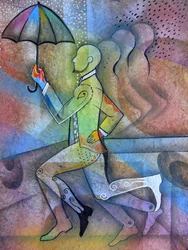 Dynamischer Mann mit Regenschirm