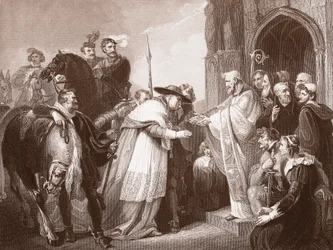 Kardinal Wolsey in der Abtei von Leicester, graviert von R. Walther