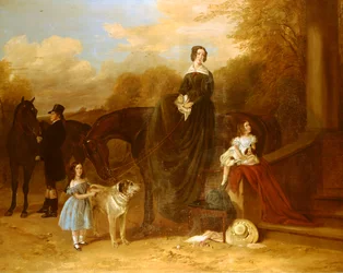 Eine Familie mit ihren Jägern und Hunden vor einem Herrenhaus