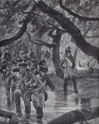 Britische Soldaten überqueren die Sümpfe des Essequibo-Flusses in Britisch-Guayana