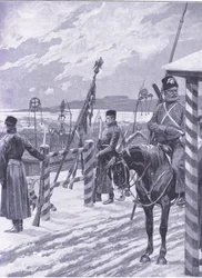 Ein Kosakenlager in der Mandschurei mit Stammeszeichen über den Hütten der Männer, Illustration aus Cassells Geschichte des Russisch-Japanischen Krieges Band 1, ca. 1900