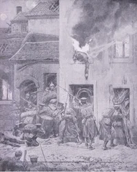 Im Kampf mit dem Feind: Häuserkampf in Ypern, aus Geschichte des Großen Krieges Band 3, veröffentlicht von Waverley Book Co Limited, ca. 1920
