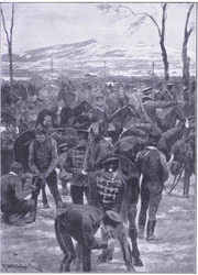 Japanisches Kavallerielager in Seoul: Hufschmiede bei der Arbeit, Illustration aus Cassells Geschichte des Russisch-Japanischen Krieges Band 1, ca. 1900