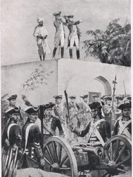 Schlacht von Plessey, 23. Juni 1757: Clive auf dem Dach der Jagdhütte von Nawab Surat-ud-Daula, Illustration aus Britische Schlachten zu Land und zu Wasser, 1915