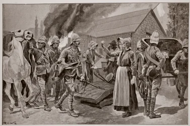 Das Abbrennen des Bauernhofs eines verräterischen Bürgers, nach einer Skizze von Melton Prior (1845-1910)