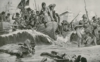Die britischen Truppen erzwingen eine Landung in der Aboukir-Bucht vor den französischen Batterien