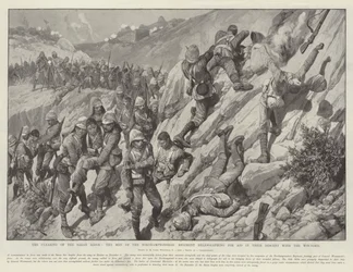 Die Räumung des Saran-Rückens, die Männer des Northamptonshire-Regiments heliographieren um Hilfe bei ihrem Abstieg mit den Verwundeten