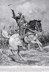 Der erste Angriff bei Hastings: Taillefer der Minnesänger-Schwertjongleur ritt aus den Reihen, sang und warf sein Schwert in die Luft, 1066, Illustration aus 