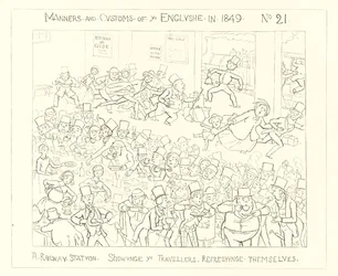 1849, Ein Bahnhof zeigt die Reisenden, die sich erfrischen
