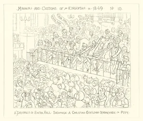 1849, Eine Aussicht auf die Exeter Hall zeigt einen christlichen Gentleman, der den Papst verurteilt