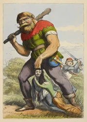 Jack nähert sich einem Riesen von hinten. Der Riese zieht einen Ritter der Tafelrunde an den Haaren. Eine Dame hält den Ritter fest. Farbige Illustration in einem Kinderbuch