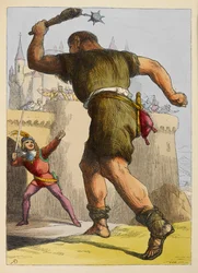 Jack bereit, gegen einen Riesen vor einer Burg zu kämpfen. Farbige Illustration in einem Kinderbuch