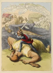 Jack steht auf dem Körper eines Riesen, mit erhobenem Schwert. Farbige Illustration in einem Kinderbuch.