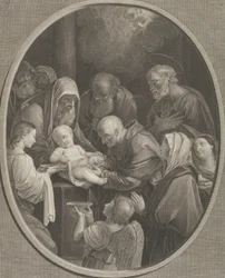 Die Beschneidung Christi, eine Gruppe von Männern und Frauen um ihn herum, ein Engel im Vordergrund
