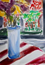 Blauer Vase und Fensterkasten