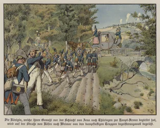 Preußische Soldaten grüßen Königin Luise von Preußen auf der Straße von Kosen nach Weimar