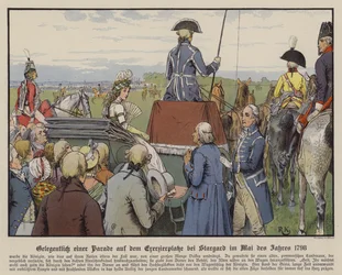 Königin Louise von Preußen bei einer Parade auf dem Paradeplatz in Stargard, Mai 1798 (Farblithografie)