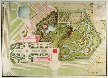 Plan der französischen und landschaftlichen Gärten des Petit Trianon mit den Baumassen, aus dem Recueil des plans du Petit Trianon von Richard Mique