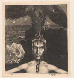 Geketteter Mann mit dreiköpfigem Raubvogel auf dem Kopf