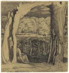 Landschaft mit einer Frau, die zwischen zwei Weiden sitzt