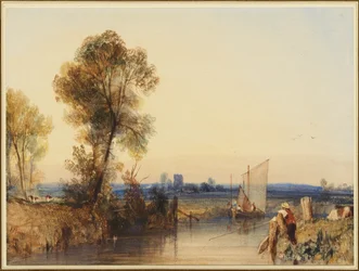 Ein Fischer am Ufer eines Flusses, in der Ferne ein Kirchturm