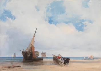 Gestrandete Schiffe und ein Wagen in der Nähe von Trouville