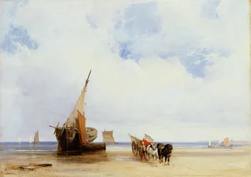 Gestrandete Schiffe und ein Wagen in der Nähe von Trouville